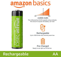 Amazon Basics 8-Pack Rechargeable AA NiMH Batteries, 2000 mAh, 1.2V, Recharge up to 1000x Times, Pre-Charged