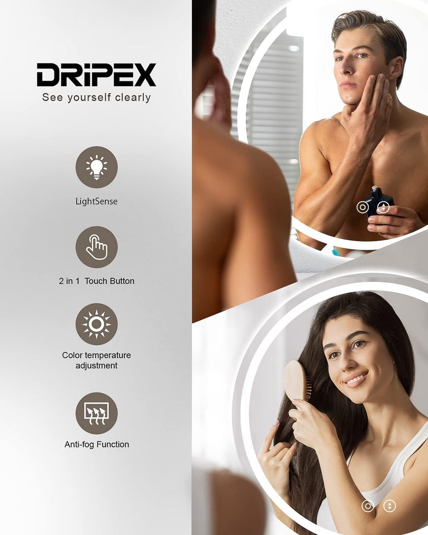 Dripex 600mm Round Bathroom Mirror with LED Light, Illuminated Wall Mounted Vanity Mirror with Demister, Anti-fog Large Circle Makeup Mirror, 3-Color Dimmable LED Light, IP44