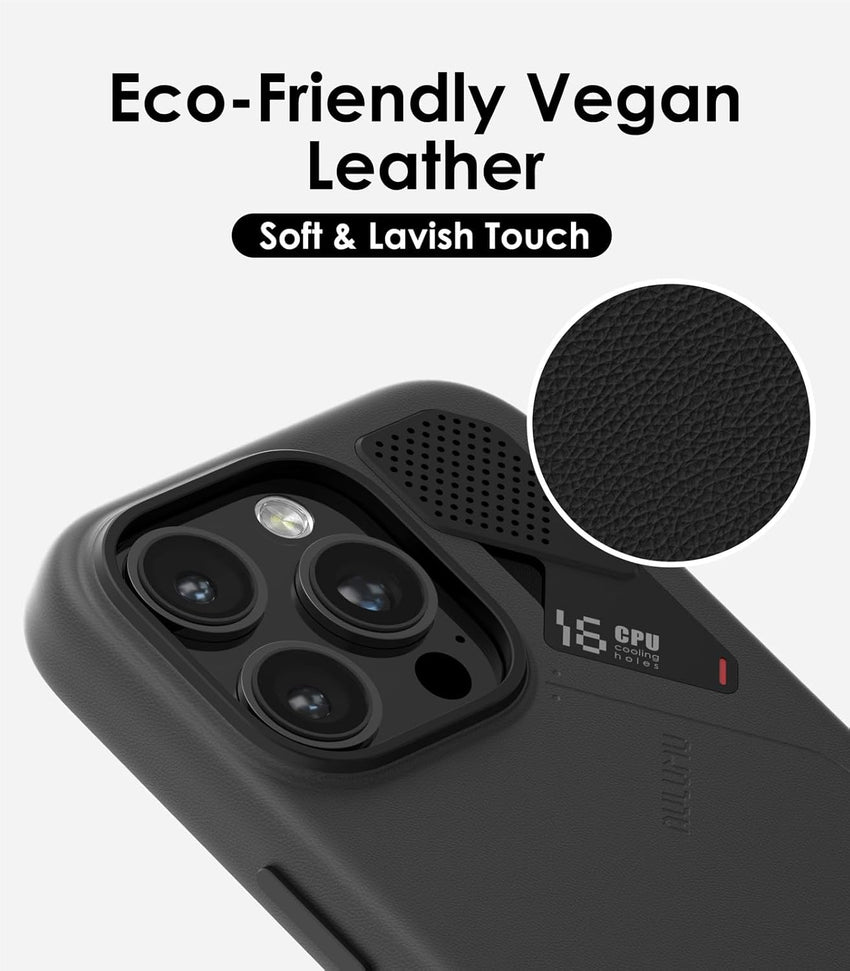 Aulumu A16 Vegan Leather Cooling for iPhone 16 Pro Case | with Cooling Fins | Luxury Comfort | Compatible with MagSafe - Black