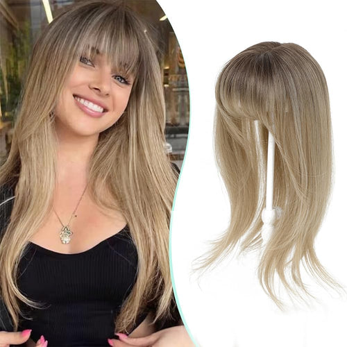 Fine Plus 18 Inch 360Â° Hair Topper with Fringe, Fluffy Wispy Fringe Blends Naturally Synthetic Hair Clips With 4"x5" Base Hairpieces for Women Daily Use & Parties (Dark Blonde with Dark Root)