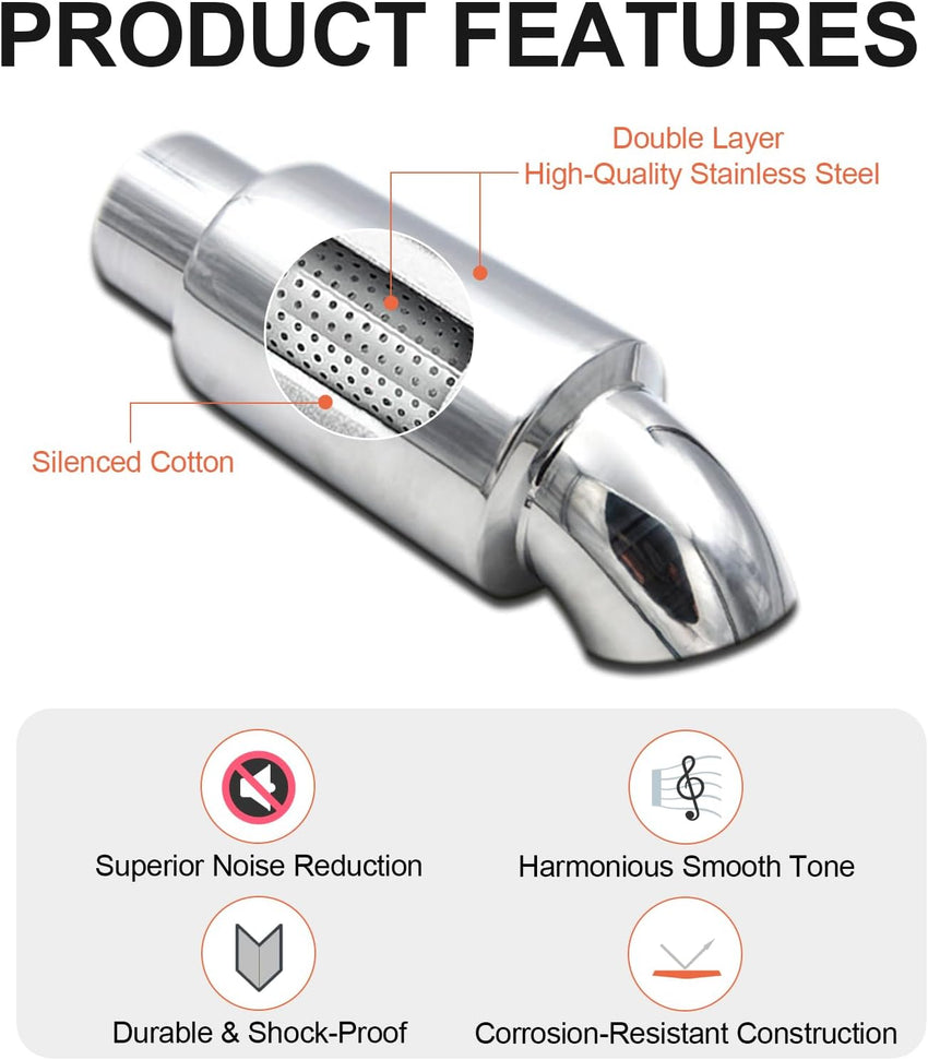 Krtopo 2.5" (63MM) Inlet Exhaust Muffler Silencers Stainless Steel Exhaust Resonator Bent Pipe Muffler Diesel Tip 2.5" (63MM) Outlet for Car Sedan SUV Truck Vehicles
