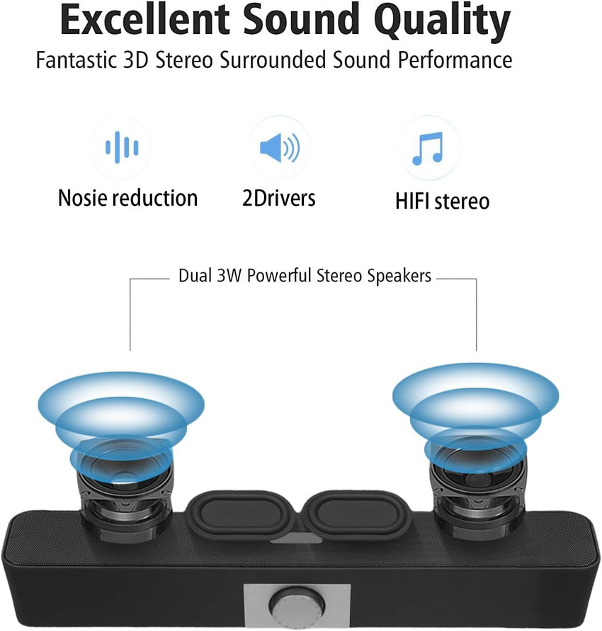 FAYAZ Computer Speakers for Desktop, 6W Stereo USB Computer Soundbar with 2 Diaphragms,3.5mm Aux Input, Knob Volume Control, Wired/Wireless Bluetooth 5.0 Soundbar for Desktop Smartphones Laptop,Black