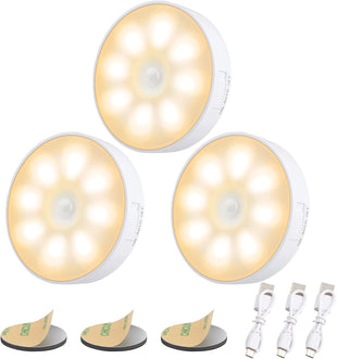Electight Motion Sensor Lights Indoor, 3 Pack Night Light Type-C USB Rechargeable Battery, Cordless LED Adhesive Lamp with Magnetic Base, Cupboard Wardrobe Lights, Puck Light -Warm Yellow