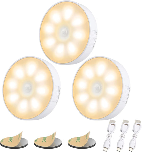 Electight Motion Sensor Lights Indoor, 3 Pack Night Light Type-C USB Rechargeable Battery, Cordless LED Adhesive Lamp with Magnetic Base, Cupboard Wardrobe Lights, Puck Light -Warm Yellow