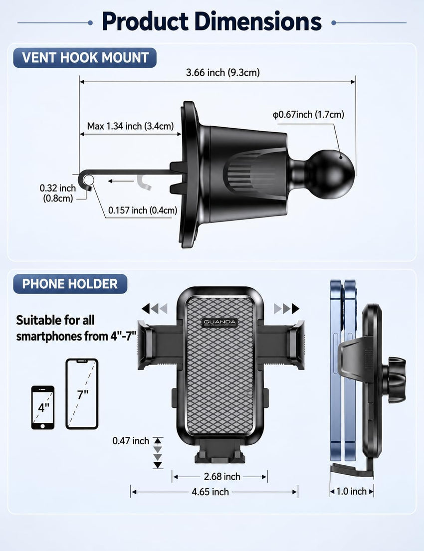 Car Phone Holder Air Vent, Upgrade Hook Clip Mobile Phone Holder for Cars, 360Â° Rotable Car Phone Mount, One Button Release Car Phone Cradles, Universal Car Phone Stand for iPhone Samsung Smartphones