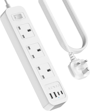JSVER Extension Lead USB C, Power Socket with 3 Way and 4 USB Fast Charging Station(2 Type C and 2 USB-A) Power Strip 3250W 13A with 3M Power Cord for Home and Office-White