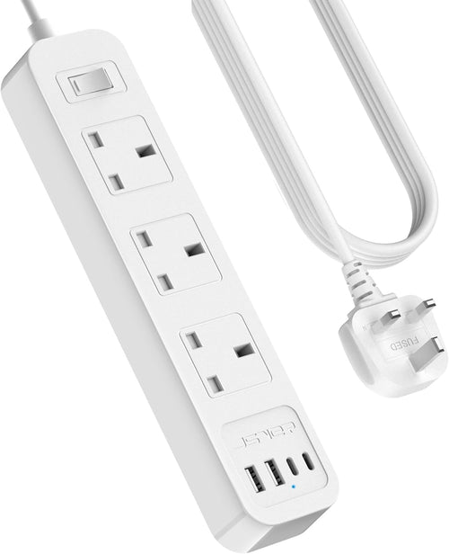 JSVER Extension Lead USB C, Power Socket with 3 Way and 4 USB Fast Charging Station(2 Type C and 2 USB-A) Power Strip 3250W 13A with 3M Power Cord for Home and Office-White