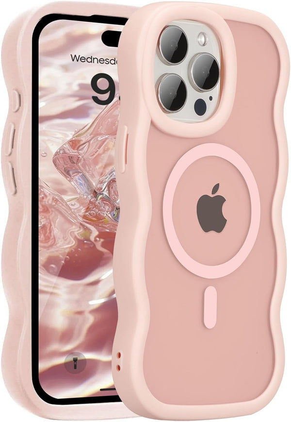 UEEBAI Magnetic for iPhone 15 Pro Case, Compatible with MagSafe, 2025 Transparent Wave Frame Design Case Soft Edge Cover Cute Clear Matte Shockproof Protective Phone Cover, Pink