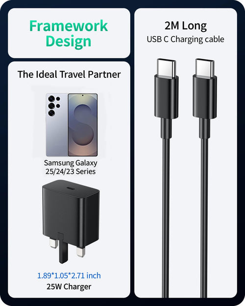 Charger for Samsung,25W USB C Super Fast Charger for Samsung Galaxy S25 Ultra/S25/S24 Ultra/S24/S23 Ultra/S23+/S22 Ultra/S20/S21/S8/S7/Note 10/20, PPS Fsat Charger Plug with 2M Type C Charger Cable