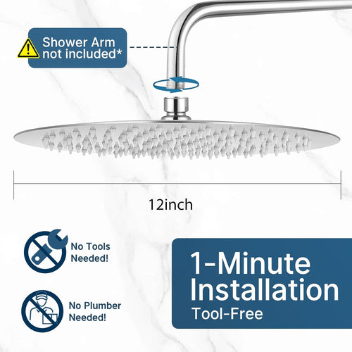 12inch Large Rainfall Shower Head, Fixed Shower Head, Round 304 Stainless Steel Ultra Thin Bathroom Shower Head (12inch)