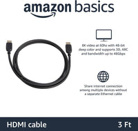 Amazon Basics HDMI Cable, 48Gbps High-Speed, 8K@60Hz, 4K@120Hz, Gold-Plated Plugs, Ethernet Ready, 0.9 m, Black