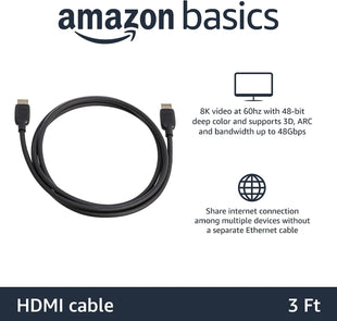 Amazon Basics HDMI Cable, 48Gbps High-Speed, 8K@60Hz, 4K@120Hz, Gold-Plated Plugs, Ethernet Ready, 0.9 m, Black