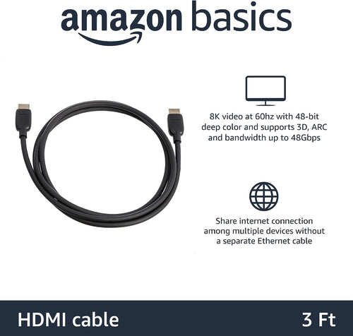 Amazon Basics HDMI Cable, 48Gbps High-Speed, 8K@60Hz, 4K@120Hz, Gold-Plated Plugs, Ethernet Ready, 0.9 m, Black