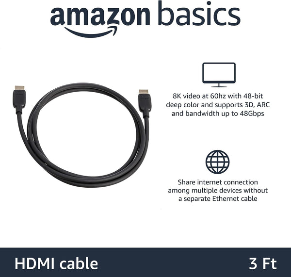 Amazon Basics HDMI Cable, 48Gbps High-Speed, 8K@60Hz, 4K@120Hz, Gold-Plated Plugs, Ethernet Ready, 0.9 m, Black