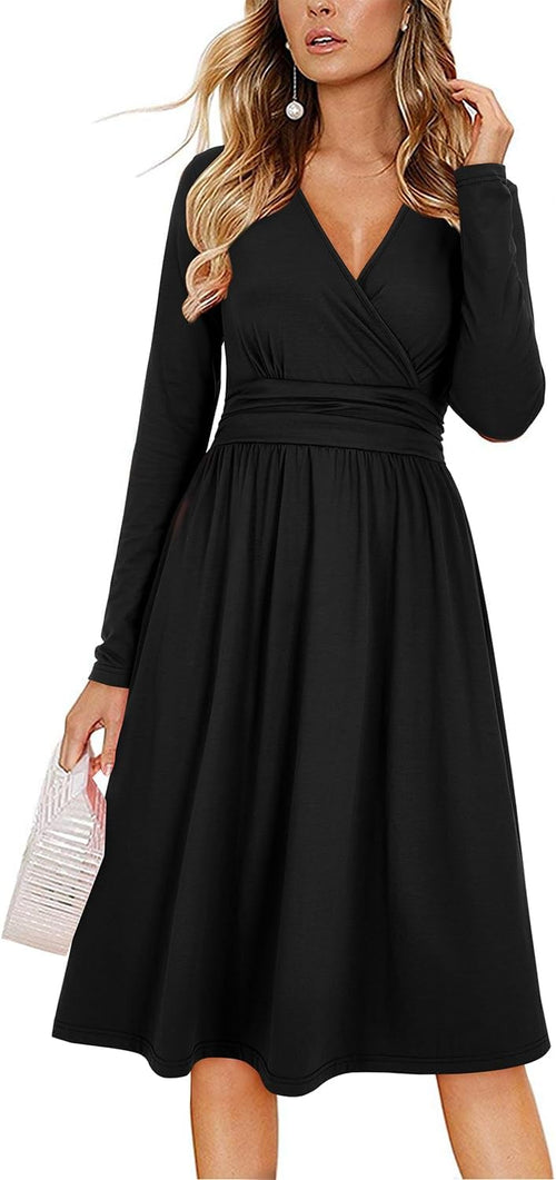 OUGES Women's Fall Long Sleeve V Neck Floral Short Party Dress with Pockets Winter Dress 2023(Black,XL)