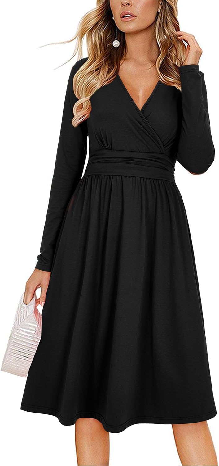 OUGES Women's Fall Long Sleeve V Neck Floral Short Party Dress with Pockets Winter Dress 2023(Black,XL)