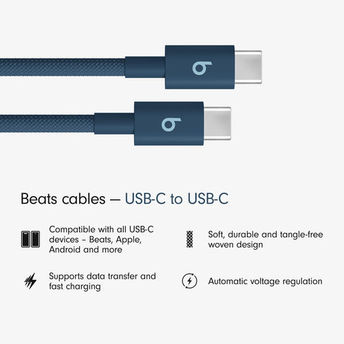 Beats USB-C to USB-C Woven Cable, Fast Charging, Durable/Tangle-Free, Compatible Charger for Apple & Android Devices (1.5 m) - Nitro Navy