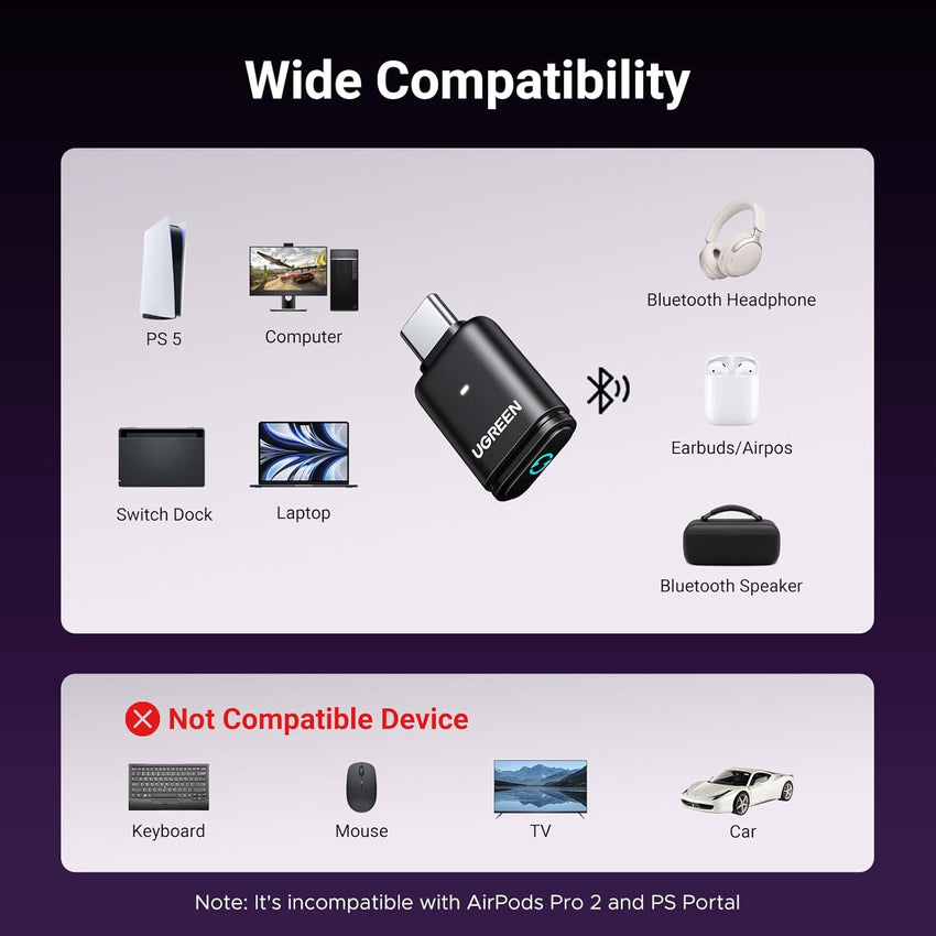 UGREEN Bluetooth 5.3 Adapter for PS5/PS5 Pro/Switch1 2, USB-C Bluetooth Adapter with aptX/aptX HD/aptX Adaptive, Plug & Play, Supports Windows/macOS, PC, Laptop(Audio Only)