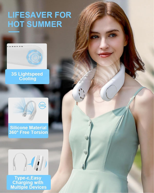 Portable Bladeless Neck Fan 6000mAh USB Rechargeable 3-Speed 360Â° Twist White