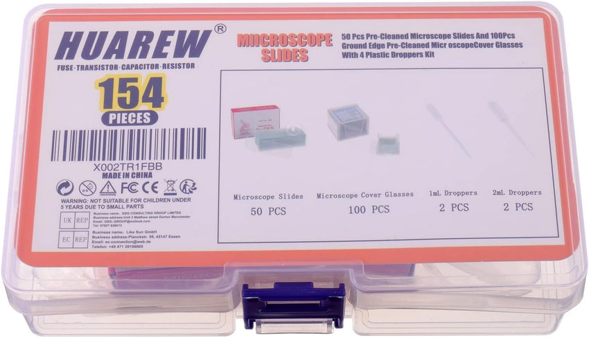 HUAREW 50 Pcs Pre-Cleaned Microscope Slides And 100 Pcs Ground Edge Pre-Cleaned Microscope Cover Glasses With 4 Plastic Droppers