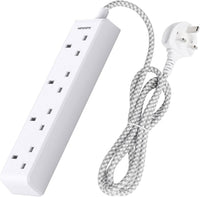 4 Gang Extension Lead 2M, HANYCONY Multi Plug Extension Socket with Braided Cable, 13A 3250W UK Power Strip, Durable Electric Extension Cord for Office, Bedroom, Kitchen Accessories, White