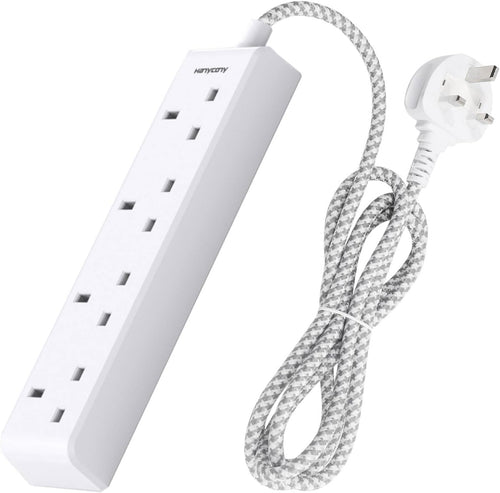4 Gang Extension Lead 2M, HANYCONY Multi Plug Extension Socket with Braided Cable, 13A 3250W UK Power Strip, Durable Electric Extension Cord for Office, Bedroom, Kitchen Accessories, White