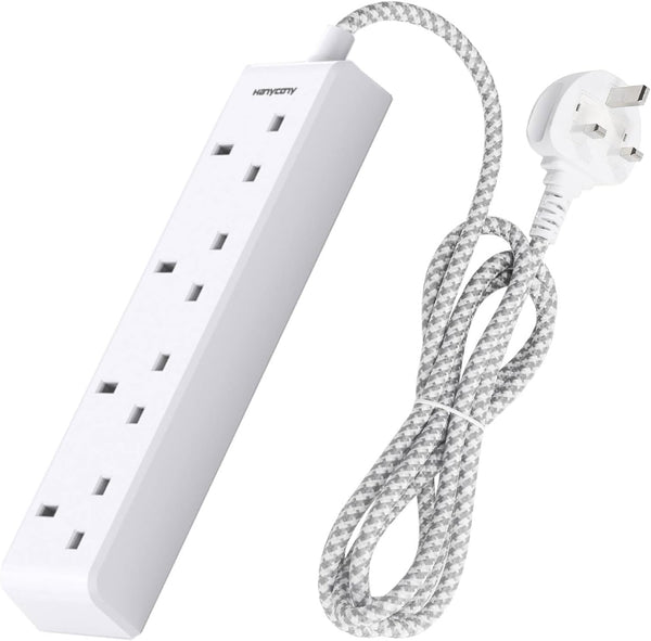 4 Gang Extension Lead 2M, HANYCONY Multi Plug Extension Socket with Braided Cable, 13A 3250W UK Power Strip, Durable Electric Extension Cord for Office, Bedroom, Kitchen Accessories, White