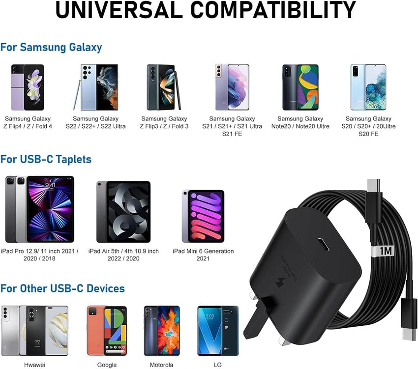 Galaxy A16 / A16 5G Charger Plug [25W] Super Fast Charger Plug Compatible For Samsung Galaxy A16/A16 5G USB Type C Fast Charging Cable [1M] High Speed Adapter UK 3 Pin Mains wall Phone