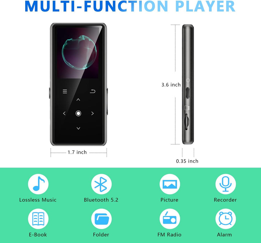 128GB MP3 Player with Bluetooth 5.2, AiMoonsa Music Player with Built-in HD Speaker, FM Radio, Voice Recorder, HiFi Sound, E-Book Function, Earphones Included