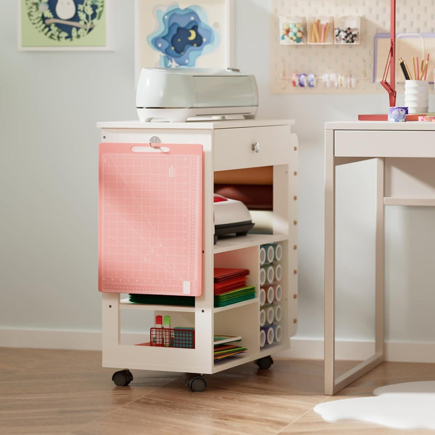 Crafit Craft Storage Compatible with Cricut, Craft Table with Vinyl Roll Holder Crafting Storage Cabinet Tool Holder Trolley on Wheels for Craft Room Home Office (Patented)
