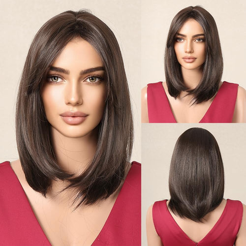 Testar Short Brown Bob Wigs with Curtain Bangs for White Women - Synthetic Wig for Daily Party Use