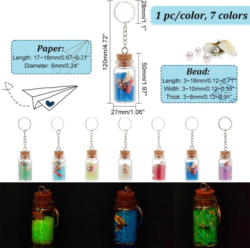 PH PandaHall 7pcs Luminous Glass Keychain, Mini Corked Bottles with Luminous Beads, Backpack Bag Hanging Wedding Party Favors