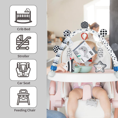 Baby Activity Arch Bassinet Toy, Black and White Travel Mobile Toy Bar with Rattle and Book, Strolle,Pram and Cot Attachment with Hanging Toys (Ocean)