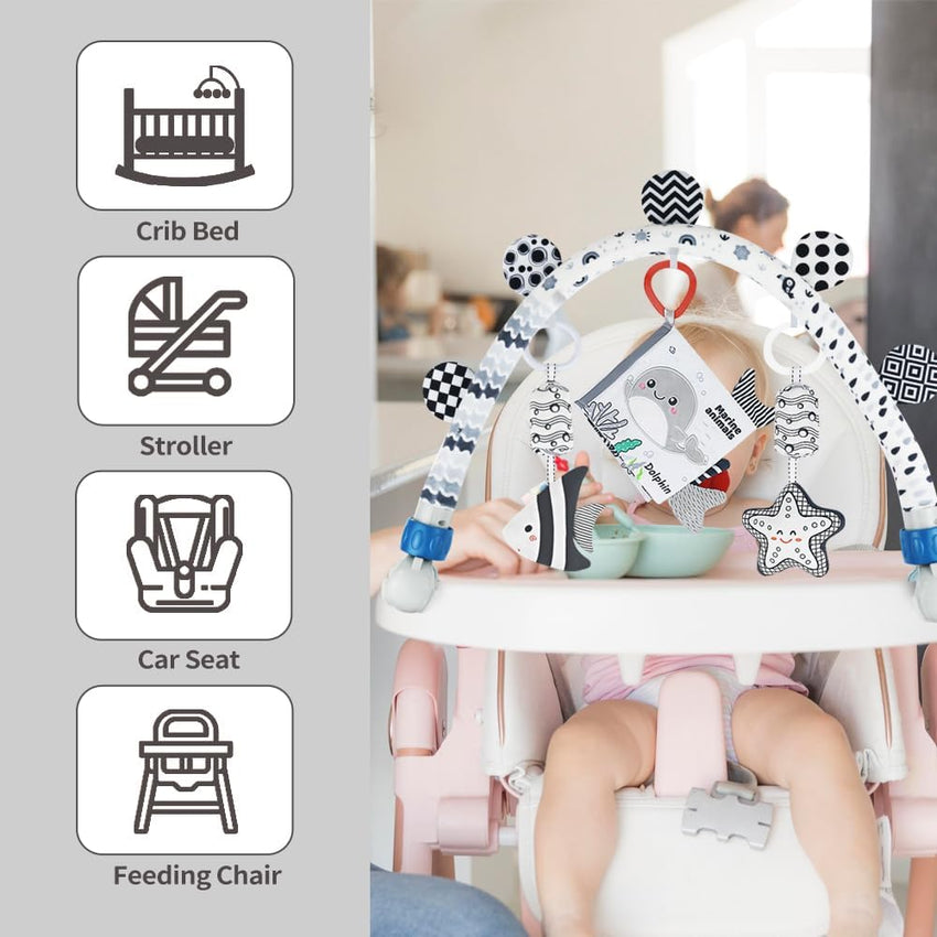 Baby Activity Arch Bassinet Toy, Black and White Travel Mobile Toy Bar with Rattle and Book, Strolle,Pram and Cot Attachment with Hanging Toys (Ocean)