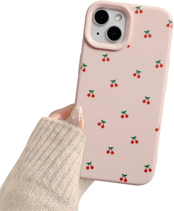 Reownest Case for iPhone 14/13, Cute Cherry Pattern Design Soft Slim TPU Cover with Raised Camera Protection Stylish Aesthetic Phone Case for Girls & Women - Pink