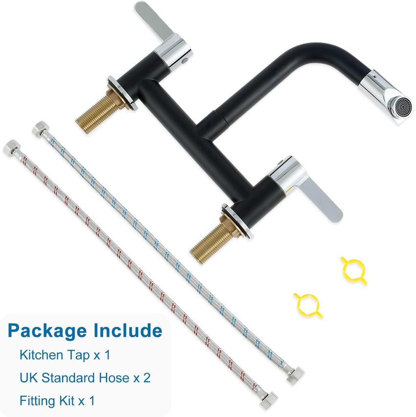 Kitchen Mixer Tap Dual Lever 360Â° Aerator Swivel Monobloc 2-Hole G1/2 Hose â Black 180mm