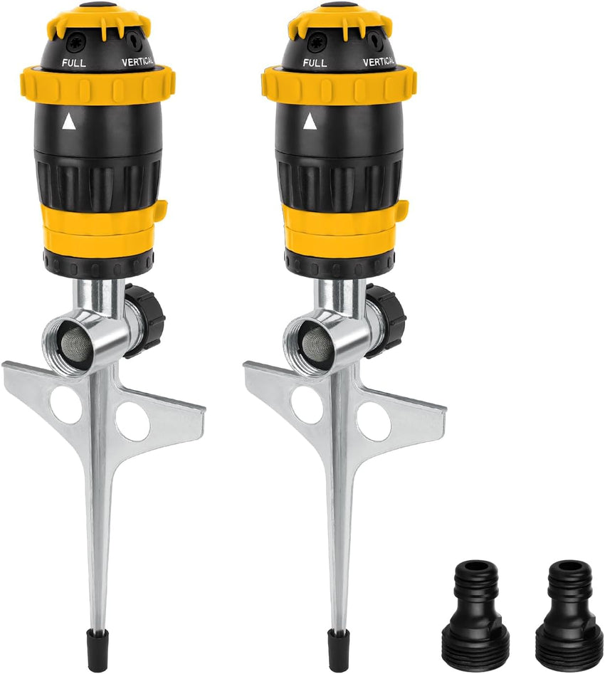 Gear-Driven Lawn Sprinkler 2-Pack Metal Spike Base 5 Patterns 15m Range 180mÂ² - Yellow