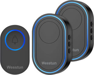 Wireless Doorbell with 2 Receivers, IP67 Waterproof Door Chime Kit Operating at The Range of 300m, 2 Plug-in Door Bell Receivers with 39 Ringtones, LED Light & 5-Level Volume Control, Black