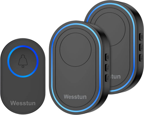Wireless Doorbell with 2 Receivers, IP67 Waterproof Door Chime Kit Operating at The Range of 300m, 2 Plug-in Door Bell Receivers with 39 Ringtones, LED Light & 5-Level Volume Control, Black