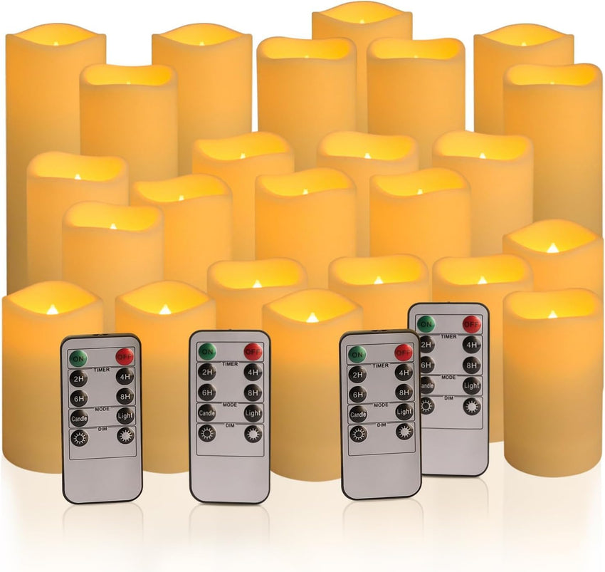 Set of 24 Flameless LED Candles Waterproof Outdoor with 4 Remotes & Timer 4"/5"/6" â White