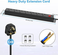 2 Pack - 7 Way Power Strip Surge Protector with Switch, Rack Mount 19inch Power Socket, Wall Mount Power Strip for Home, Office and Industrial Use, 1.8M Extension Cord, Black