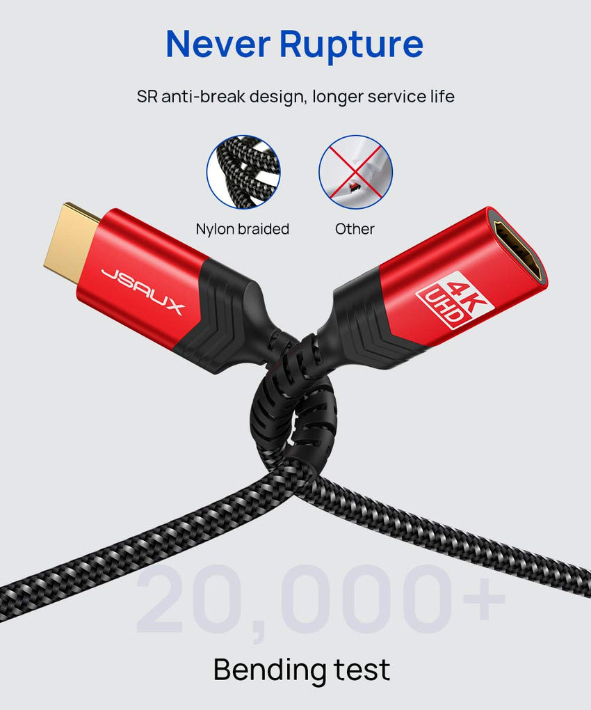 JSAUX HDMI Extension Cable, 1M 4K@60Hz HDR High Speed HDMI 2.0 Extender HDMI Male to Female Lead Support 3D, 18Gbps, ARC, Ethernet Compatible for TV Stick, Roku Fire Stick, Blu-Ray, PS3/PS4 - Red