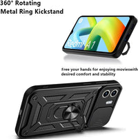 UPLAI Armor Case for Xiaomi Redmi A1/Xiaomi Redmi A2, Ultra Thin Shockproof Silicone Cover with Slide Camera Cover and Magnetic Ring Kickstand, PC + TPU Durable Cover.Black