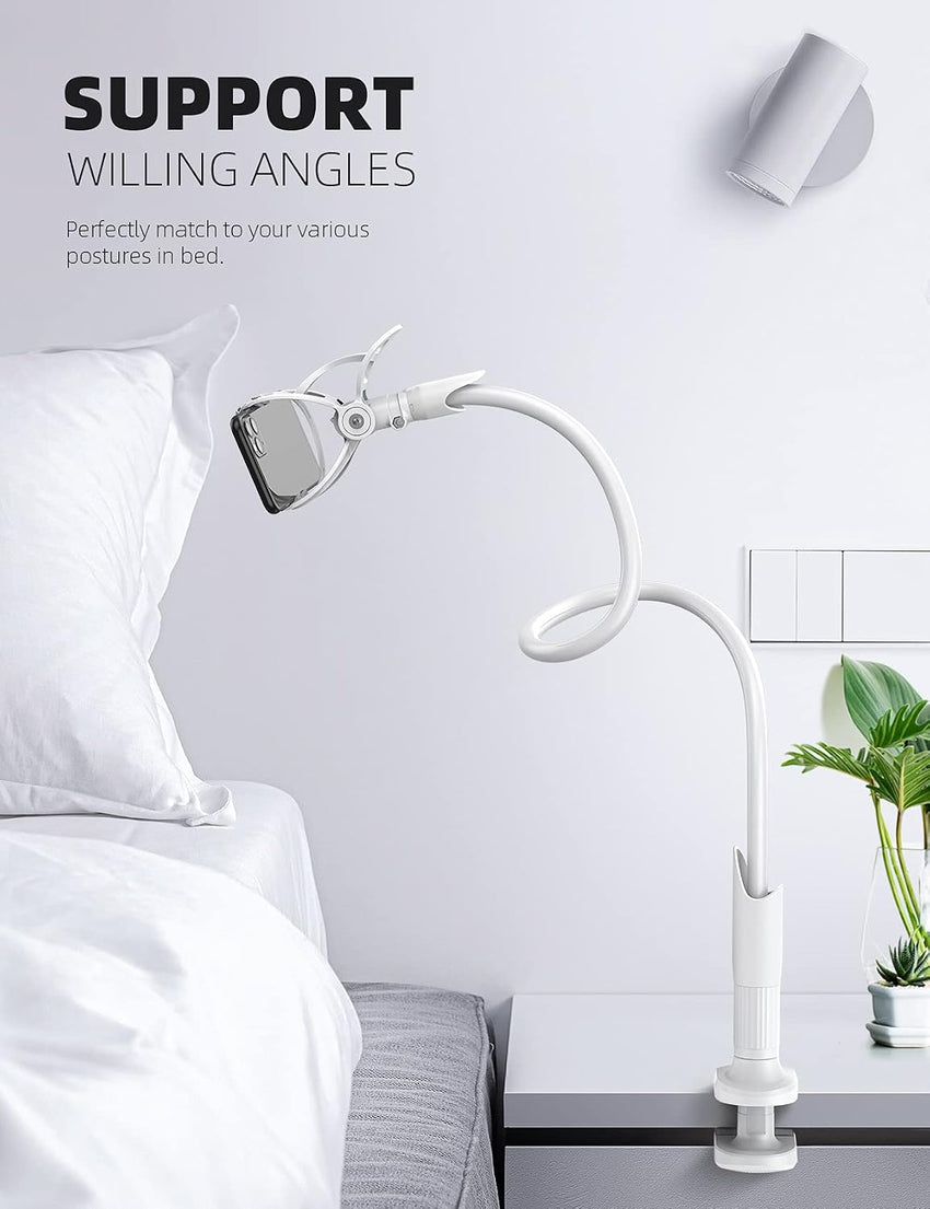 Lamicall Gooseneck Phone Holder, Flexible Holder for Bed - Lazy Arm 360 Adjustable Clamp Bracket for iPhone 16 15 14 Pro Max Plus, 13 12 Pro Max Mini, 11 Pro Xs XR X, Samsung S23, Smartphones - White