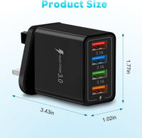 Multi USB Plug Charger UK, 4-Port USB Wall Charger Plug, Charging Power Adapter with Smart Device-Adaptive Charging Technology for All Smartphone (Black)