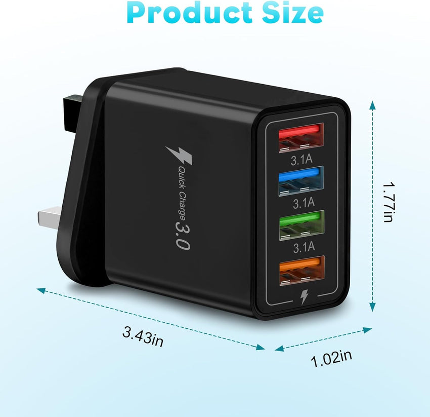 Multi USB Plug Charger UK, 4-Port USB Wall Charger Plug, Charging Power Adapter with Smart Device-Adaptive Charging Technology for All Smartphone (Black)