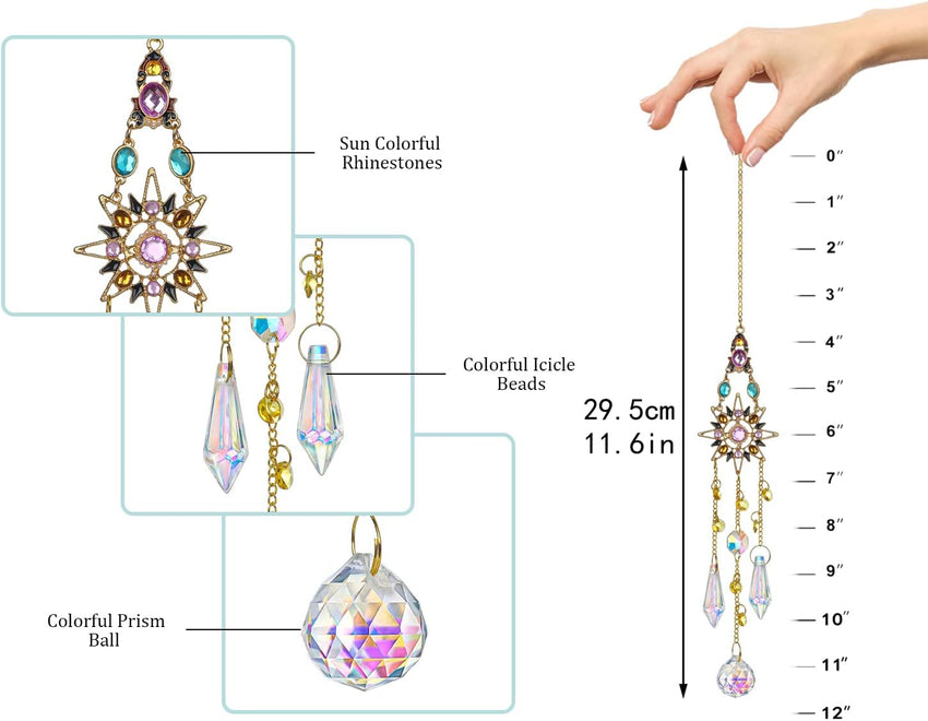 Hanging Sun Catchers with Crystals, Glass Icicle Prisms Rhinestones Suncatcher, Rainbow Maker Pendant Indoor Window Home Car Decor Gift