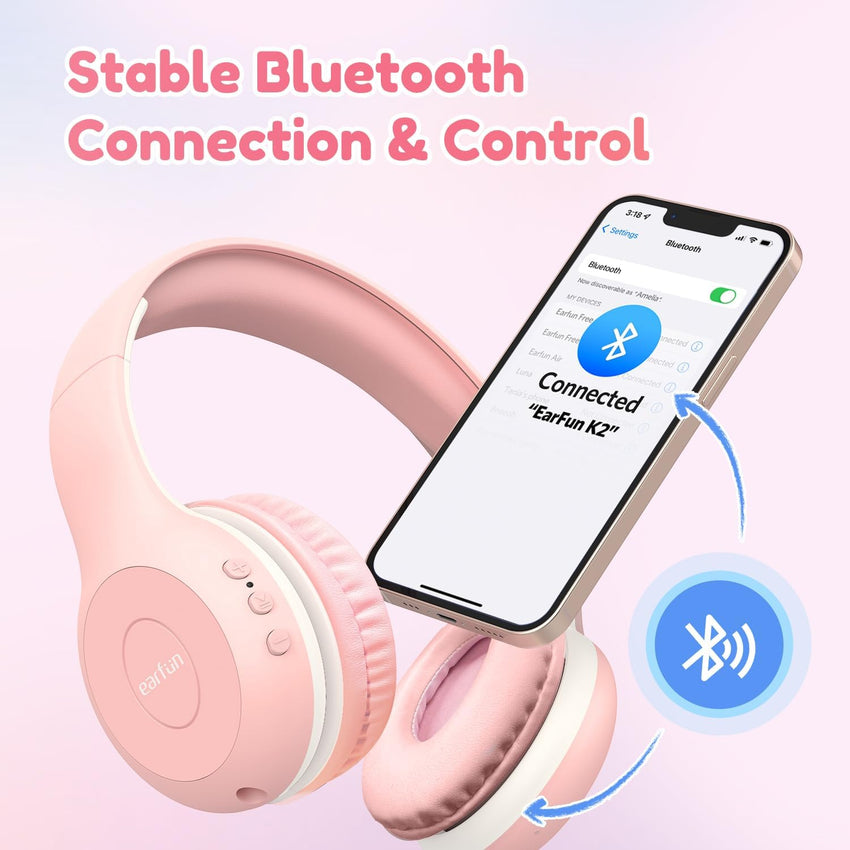 EarFun K2 Kids Bluetooth Headphones for School, Kids Headphones with Mic | Volume Limited, 40H Playtime, Built-in Mic, Stereo Sound, Foldable Over-Ear Headphone for Kids/Toddler/Travel/Tablet, Pink
