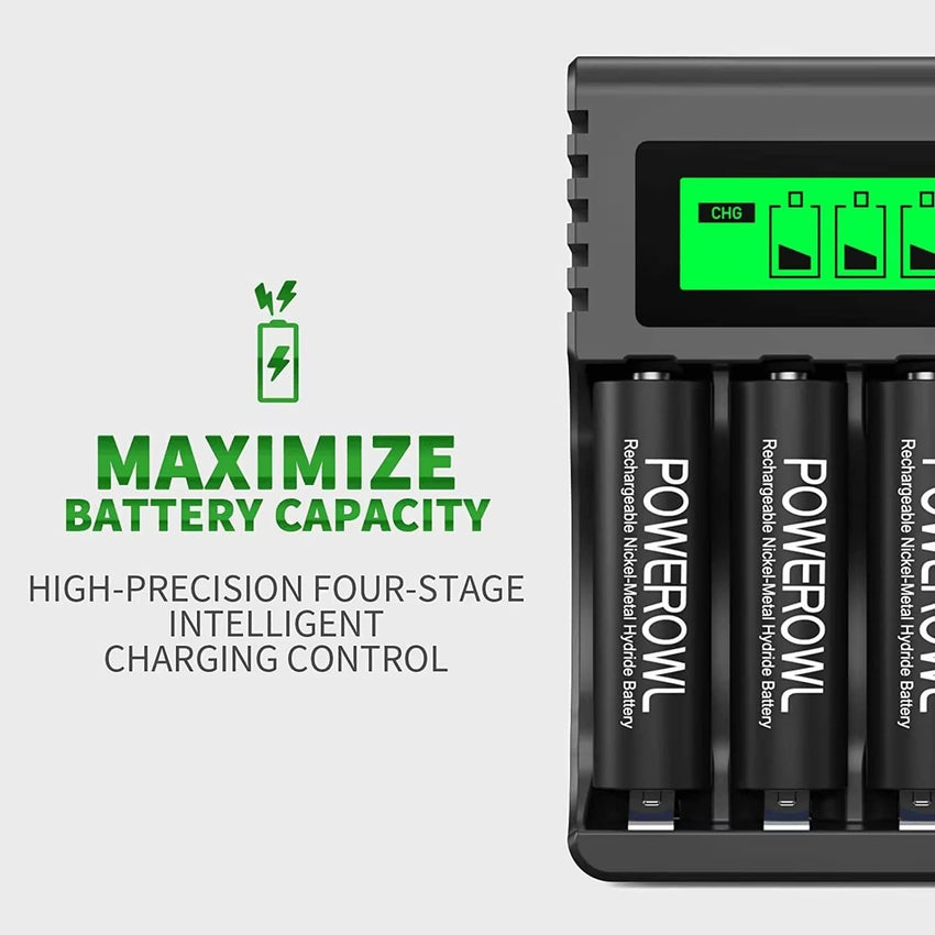 POWEROWL 4-slot AA AAA Battery Charger with LCD Display (5V 2A Quick Charging, Independent Slot) for Ni-MH Rechargeable Batteries (No Adapter)