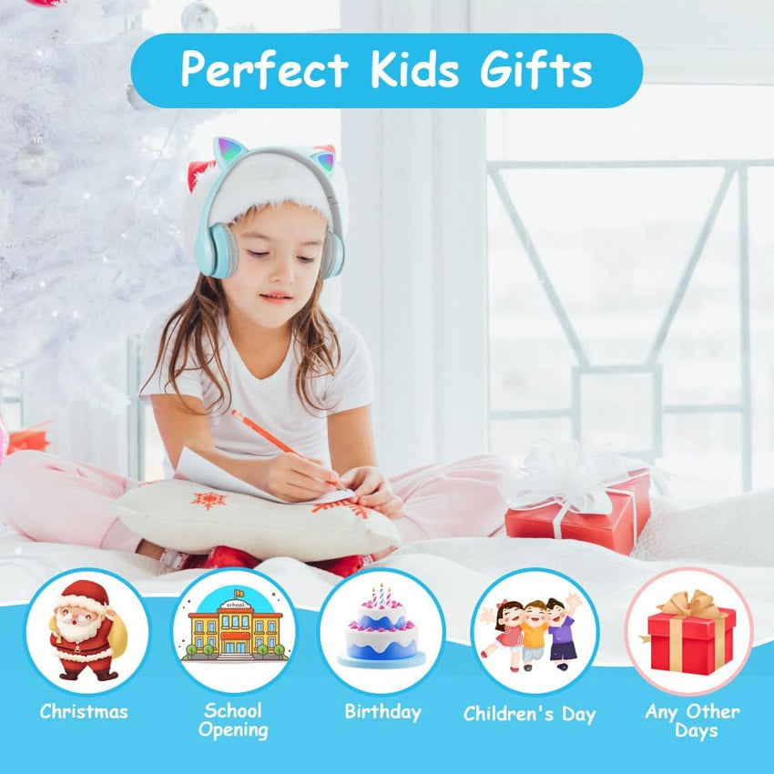 AXFEE Bluetooth Kids Headphones, LED Light Up Cat Ear Wired/Wireless Headphone, HD Stereo Sound, Foldable Children Headphone for PC Phone Ipad Study Travel School, Suitable for Girls Boys Gift (Blue)